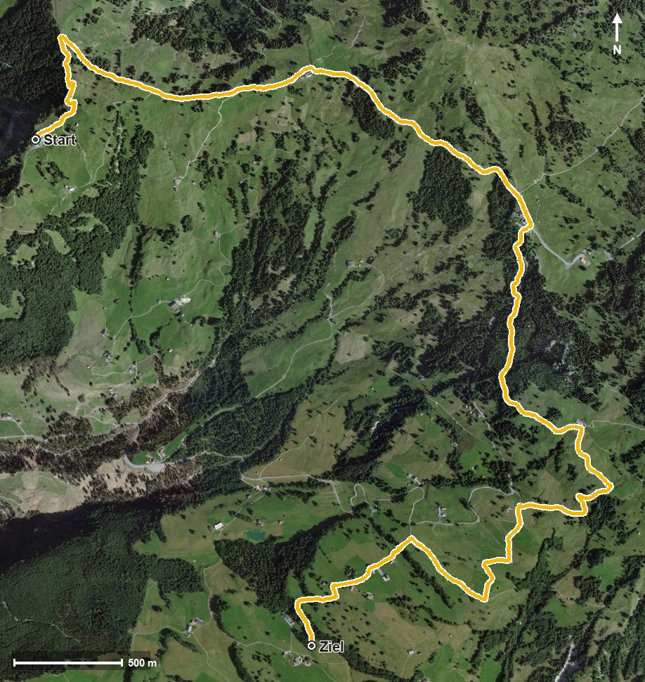 Luftbild mit eingezeichneter Route: 3 Bahnen-Tour Rotenflue-Illgau