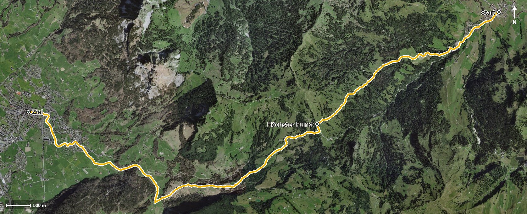 Luftbild mit eingezeichneter Route: Alter Schwyzerweg