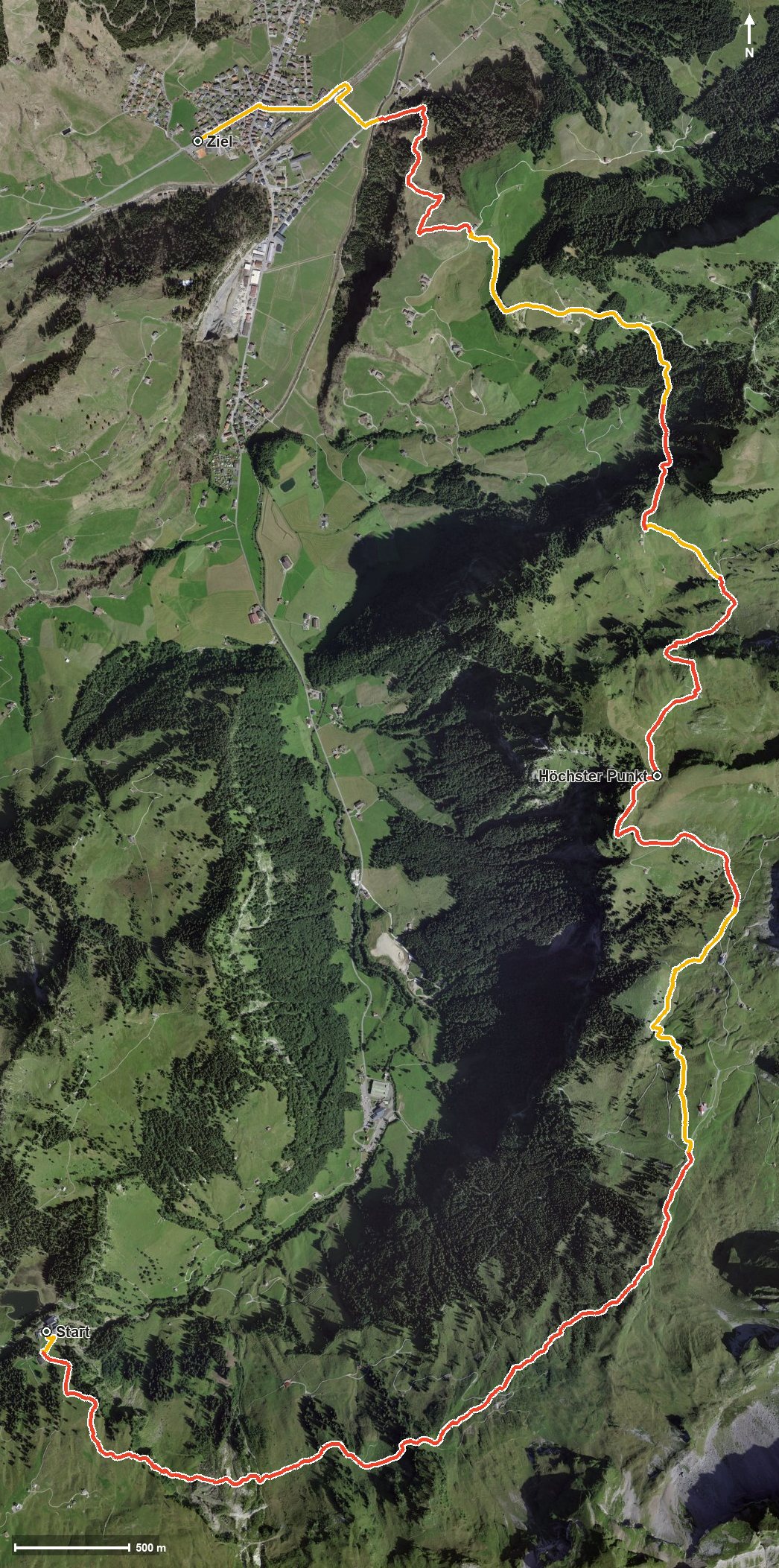 Luftbild mit eingezeichneter Route: Am Fusse des Forst- und Druesberges