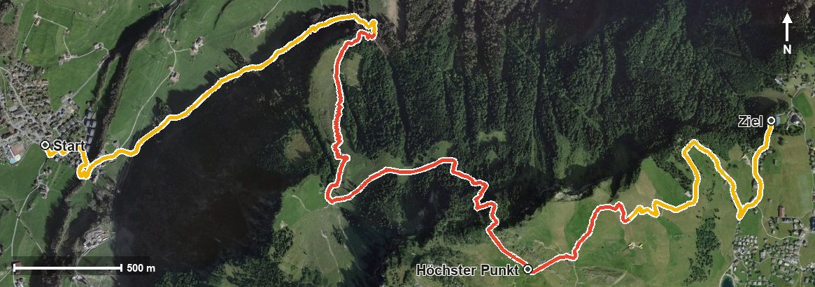 Luftbild mit eingezeichneter Route: Bäretros Stoos