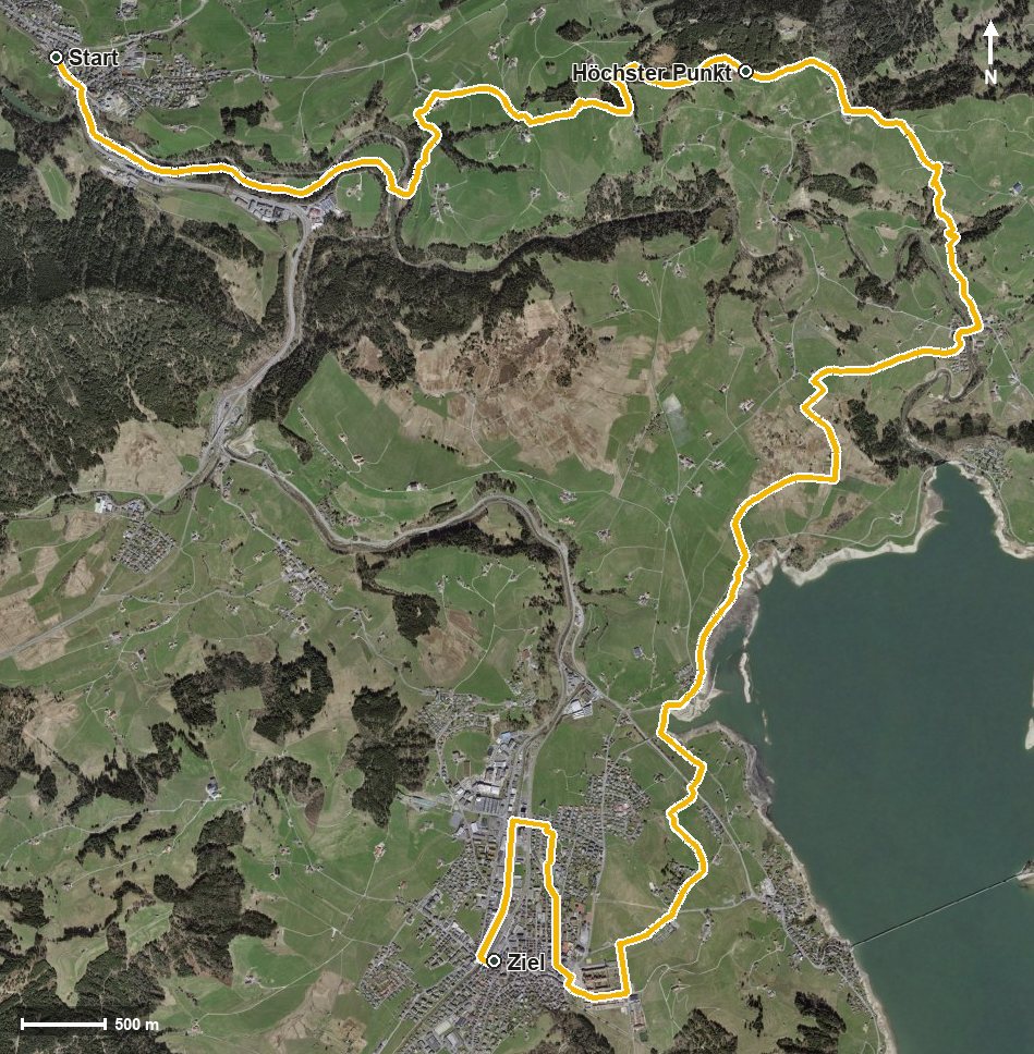 Luftbild mit eingezeichneter Route: Bauernlehrpfad rund um den Etzel