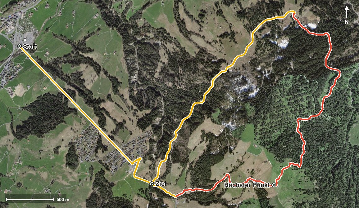 Luftbild mit eingezeichneter Route: Bergwanderung Mäderen