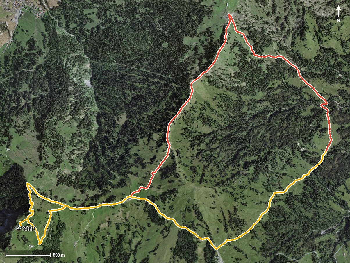 Luftbild mit eingezeichneter Route: Rotenflue - Furggelenstock Rundwanderung