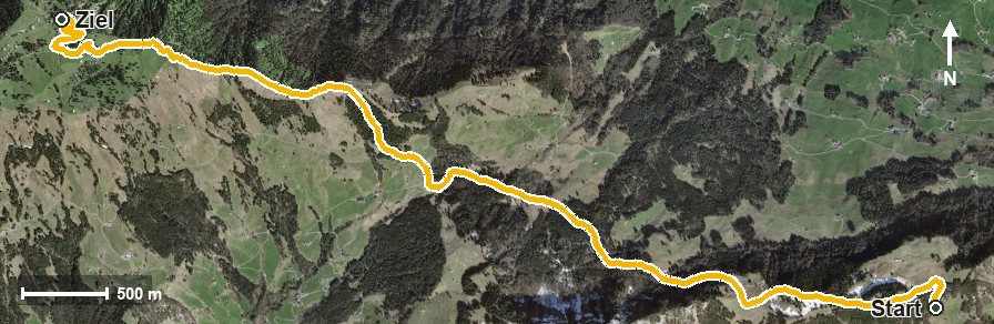 Luftbild mit eingezeichneter Route: Blick frei vom Gottertli