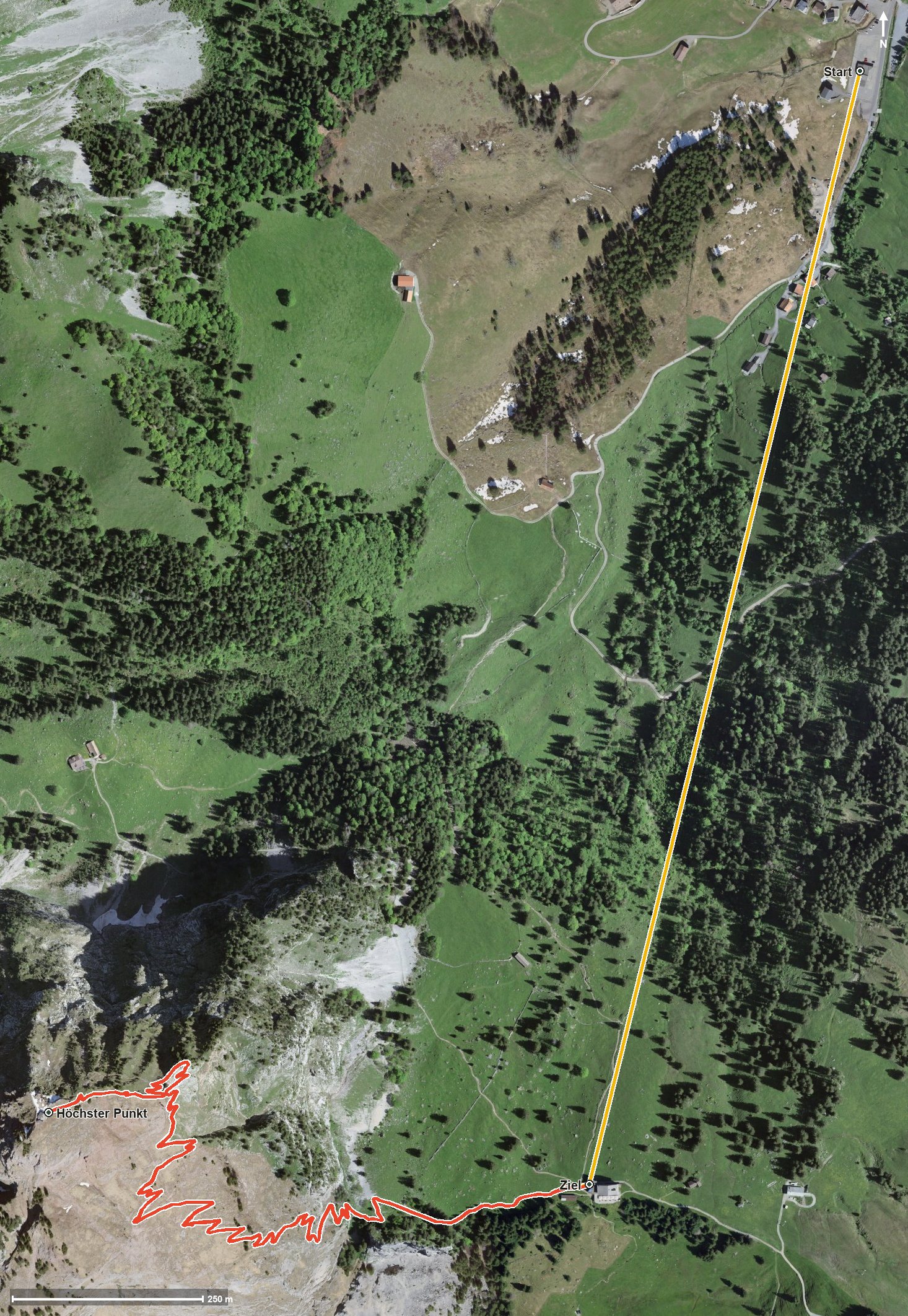 Luftbild mit eingezeichneter Route: Brunni - grosser Mythen