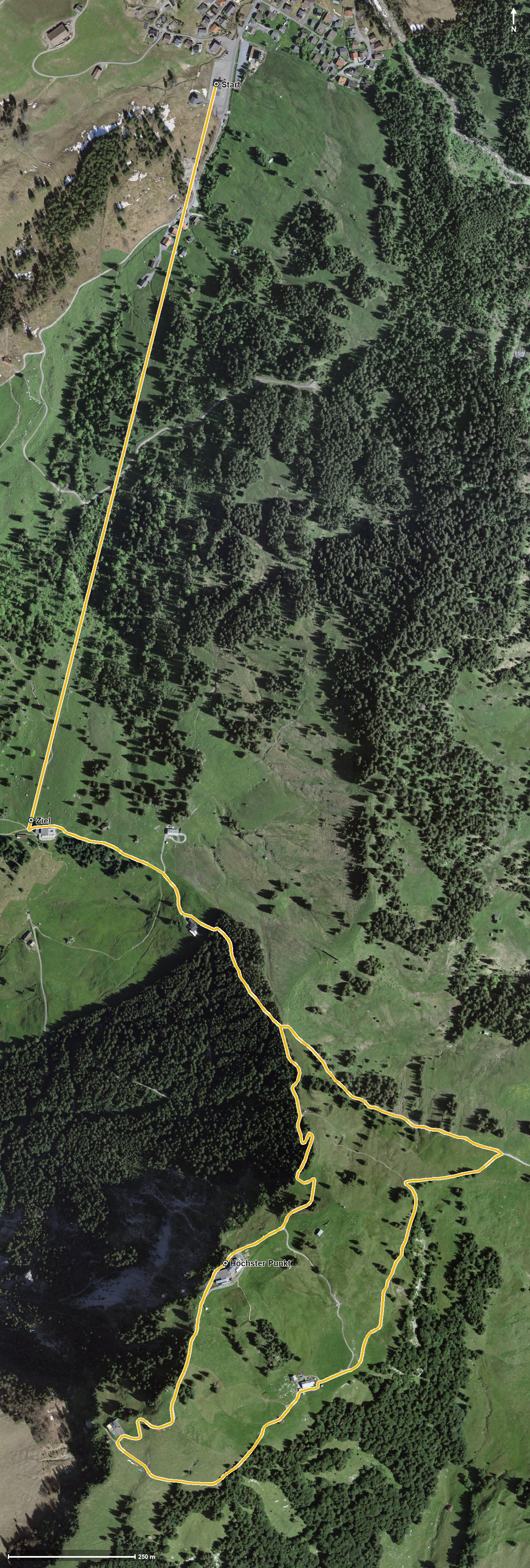 Luftbild mit eingezeichneter Route: Brunni - Rotenflue Rundwanderung