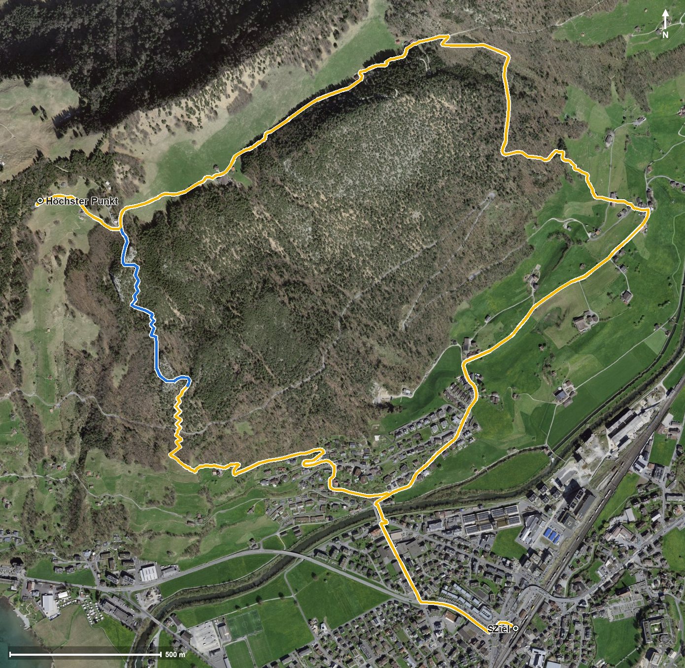 Luftbild mit eingezeichneter Route: Bützi - Stockflue