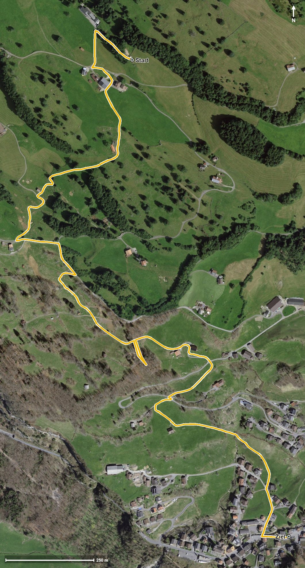 Luftbild mit eingezeichneter Route: Chäferliweg Illgau