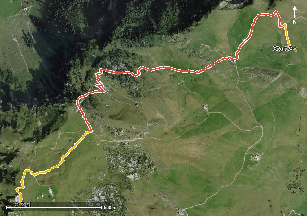 Luftbild mit eingezeichneter Route: Chänzeliweg Stoos
