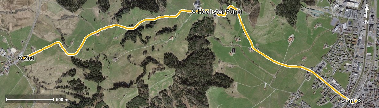 Luftbild mit eingezeichneter Route: Chatzenstrick