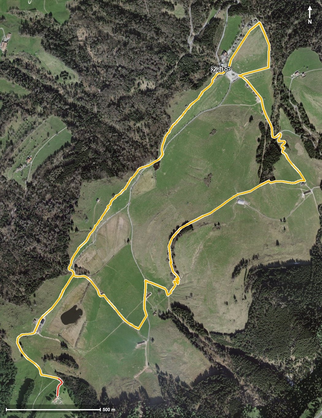 Luftbild mit eingezeichneter Route: Chugelbahnen-Weg Seebodenalp