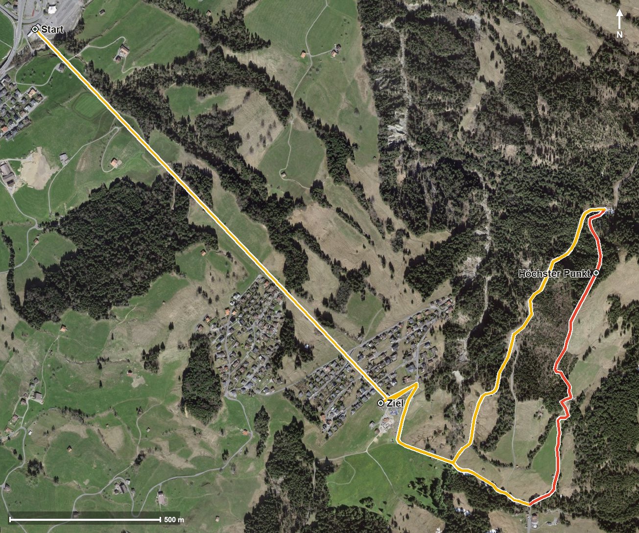 Luftbild mit eingezeichneter Route: «der pfad»