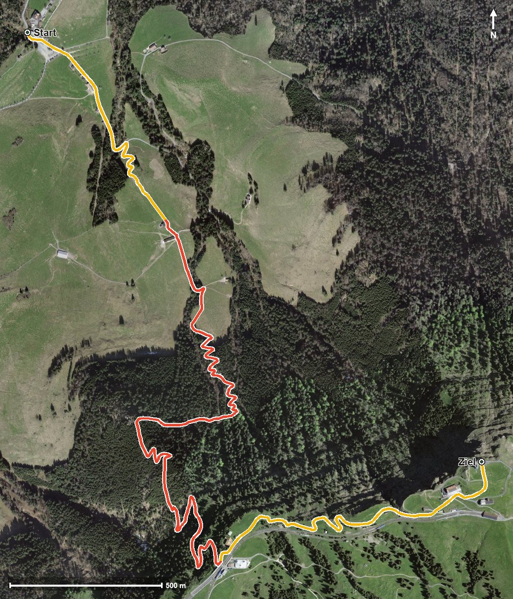 Luftbild mit eingezeichneter Route: Die Abwechslungsreiche: Seebodenalp - Rigi Kulm (oder umgekehrt)
