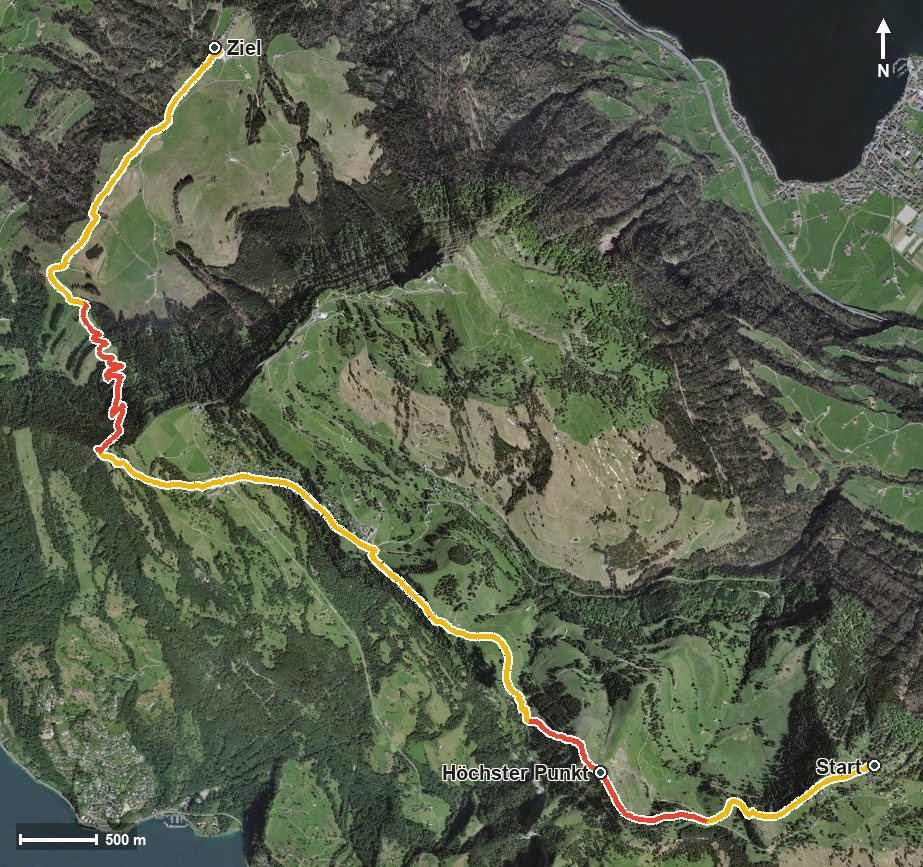 Luftbild mit eingezeichneter Route: Die Aussichtsreiche: Rigi Scheidegg - Seebodenalp (oder umgekehrt)