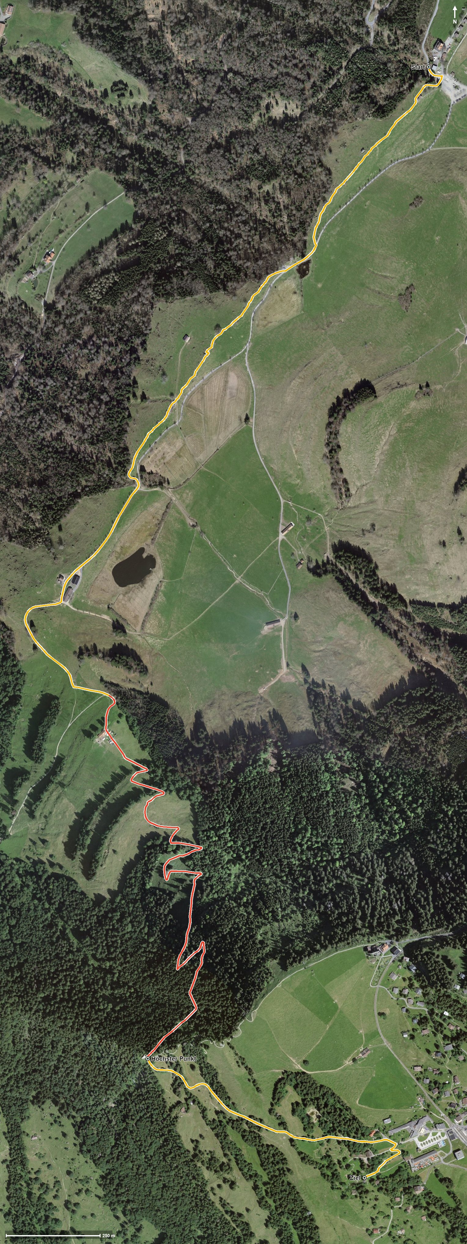 Luftbild mit eingezeichneter Route: Die Ländliche: Seebodenalp - Rigi Kaltbad (oder umgekehrt)