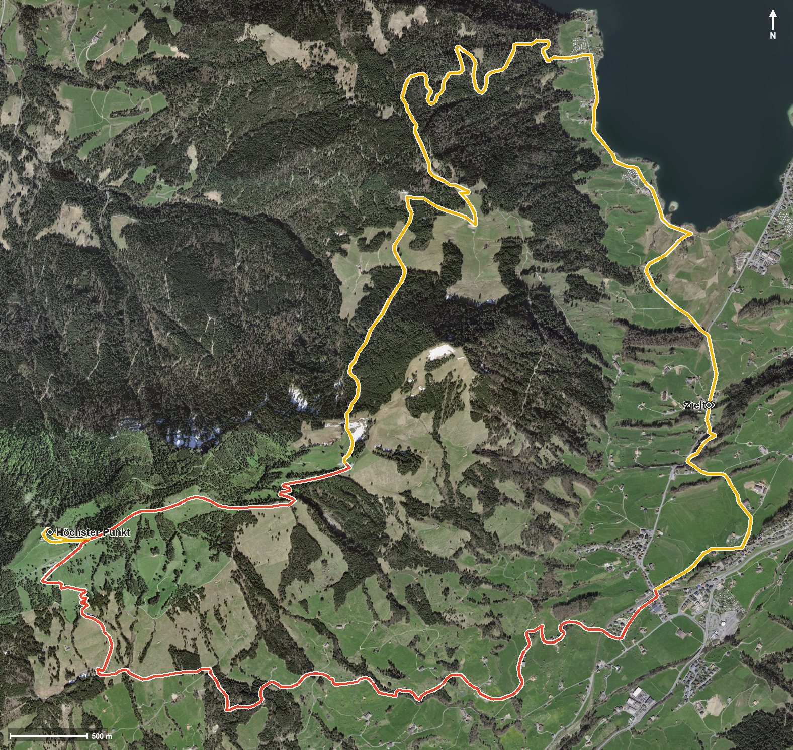 Luftbild mit eingezeichneter Route: Erlebnisreiche Bergwanderung Wildspitz