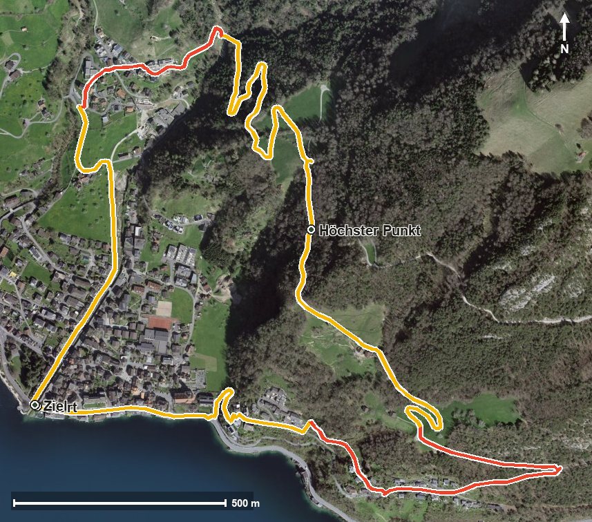 Luftbild mit eingezeichneter Route: Erlebnisweg Gersau