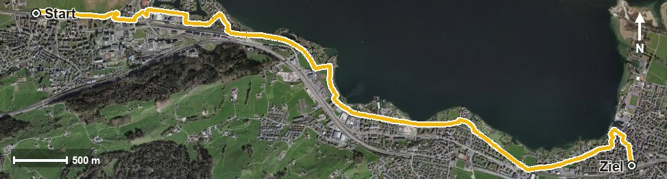 Luftbild mit eingezeichneter Route: Erlebnisweg Obersee: Pfäffikon SZ - Lachen