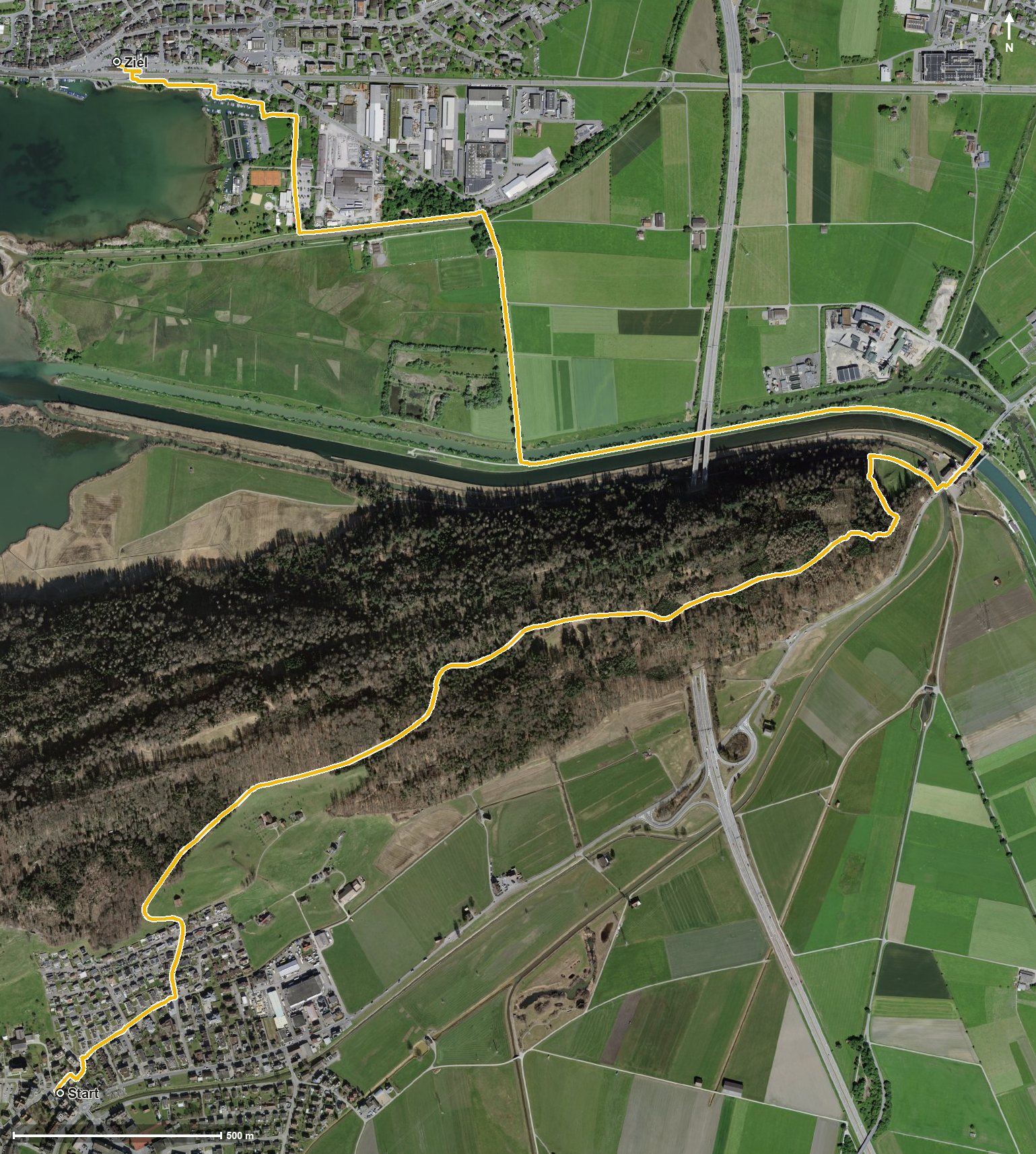 Luftbild mit eingezeichneter Route: Erlebnisweg Obersee: Tuggen - Schmerikon