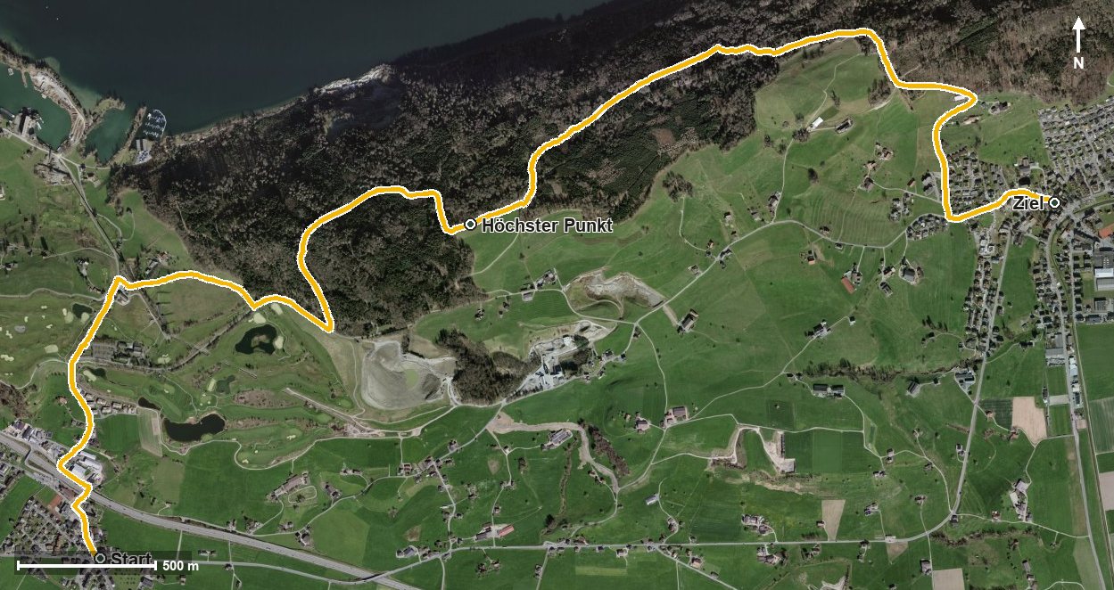 Luftbild mit eingezeichneter Route: Erlebnisweg Obersee: Wangen - Tuggen