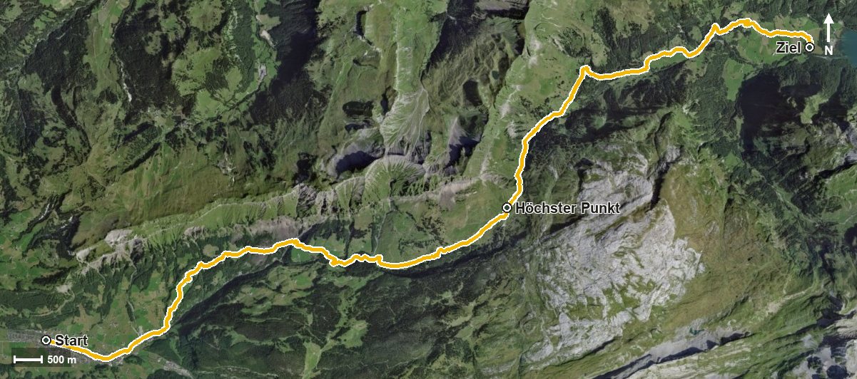 Luftbild mit eingezeichneter Route: Pragelpass-Weg Etappe 2: Muotathal – Hinter Klöntal