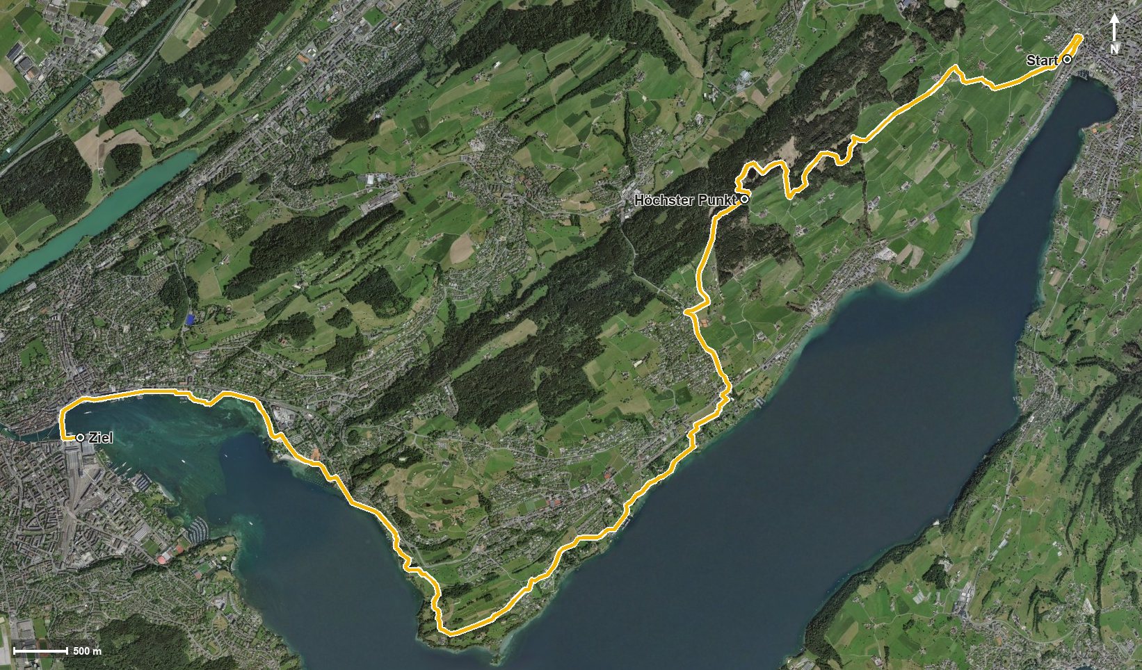 Luftbild mit eingezeichneter Route: Waldstätterweg Etappe 3: Küssnacht - Luzern