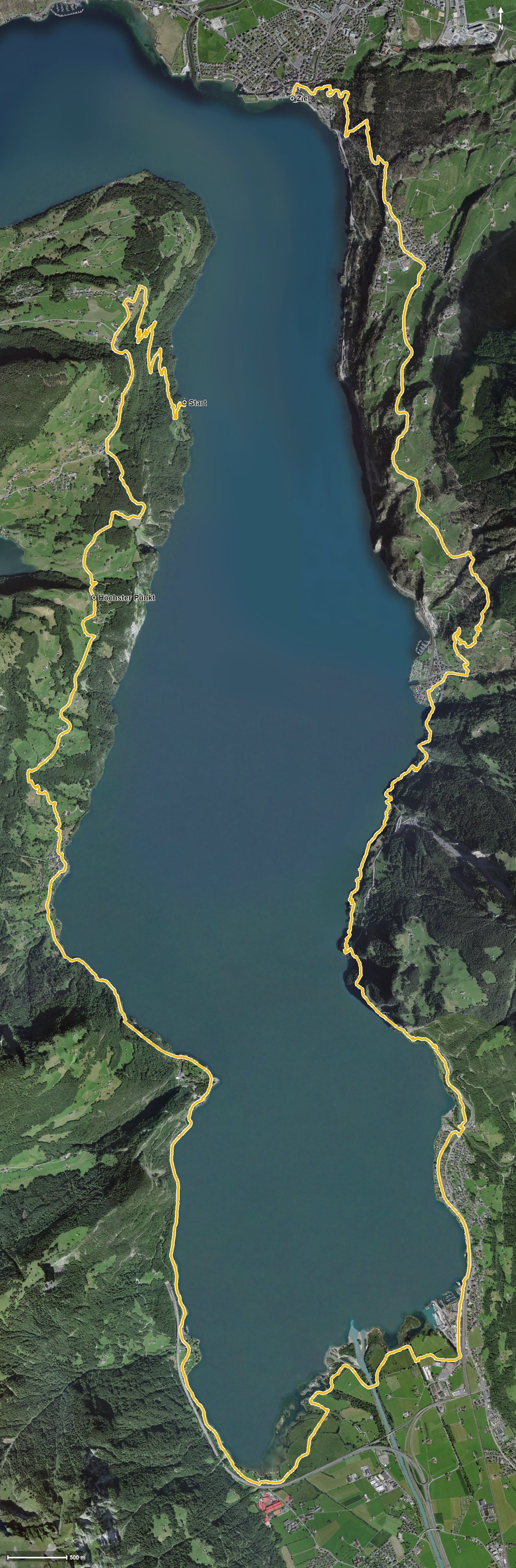 Luftbild mit eingezeichneter Route: Weg der Schweiz