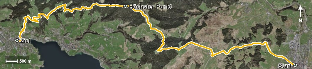 Luftbild mit eingezeichneter Route: Alpenpanorama-Weg Etappe 8: Einsiedeln – Unterägeri