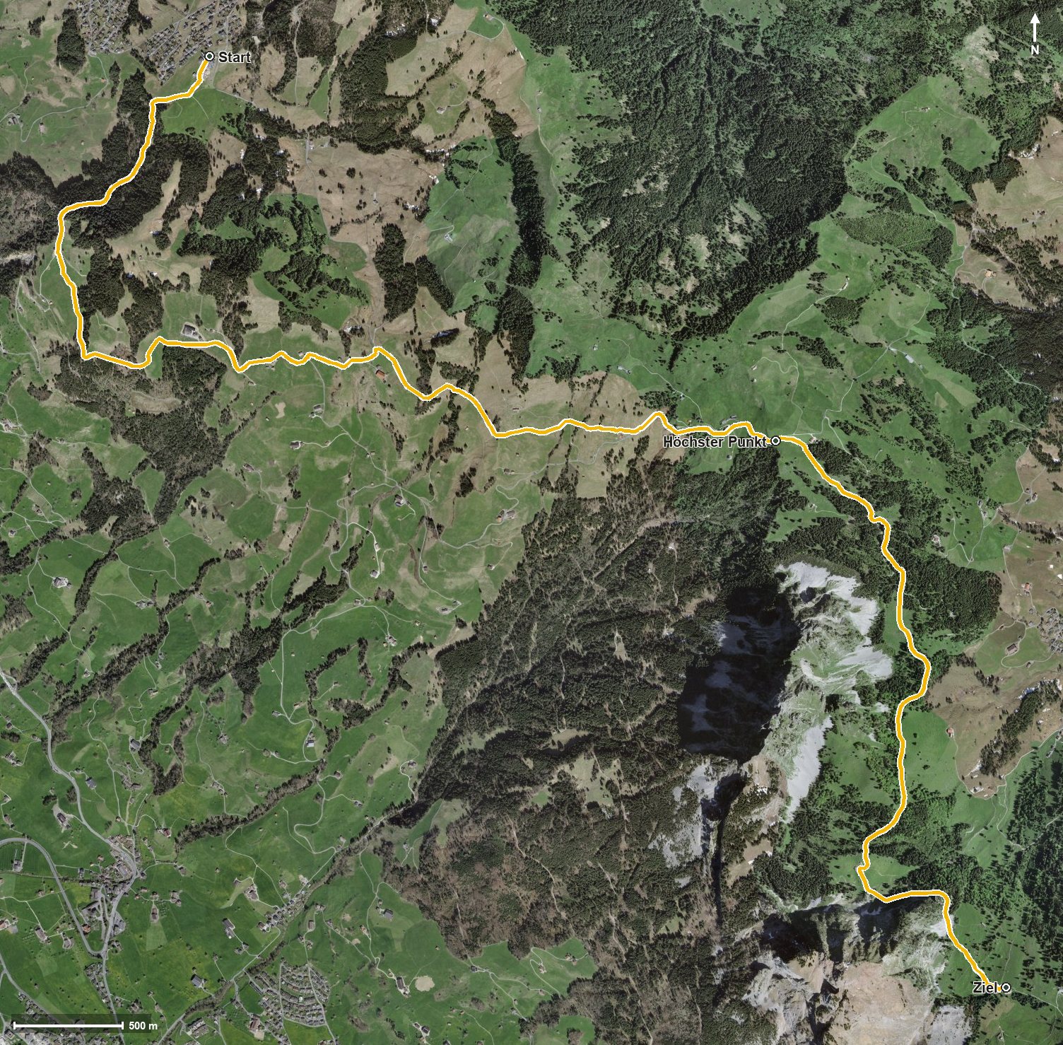 Luftbild mit eingezeichneter Route: Etappe: Mostelberg - Mythen - Holzegg | Schwyzer Tal- &amp; Gipfeltour