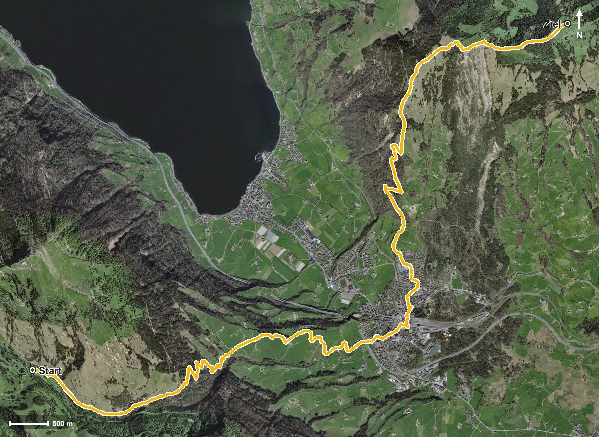 Luftbild mit eingezeichneter Route: Etappe: Rigi Klösterli - Goldau - Wildspitz | Schwyzer Tal- &amp; Gipfeltour