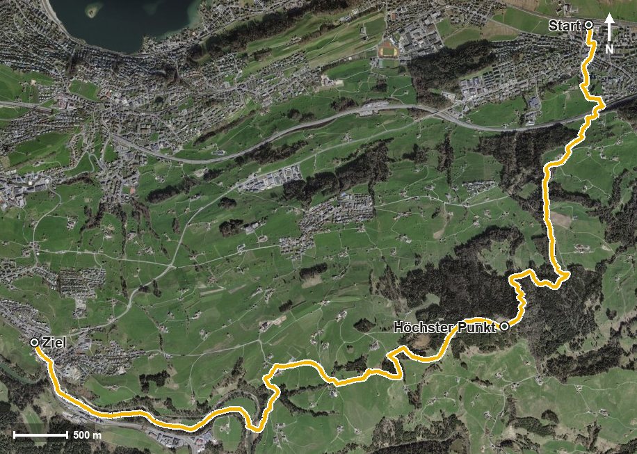 Luftbild mit eingezeichneter Route: Etzelwanderung
