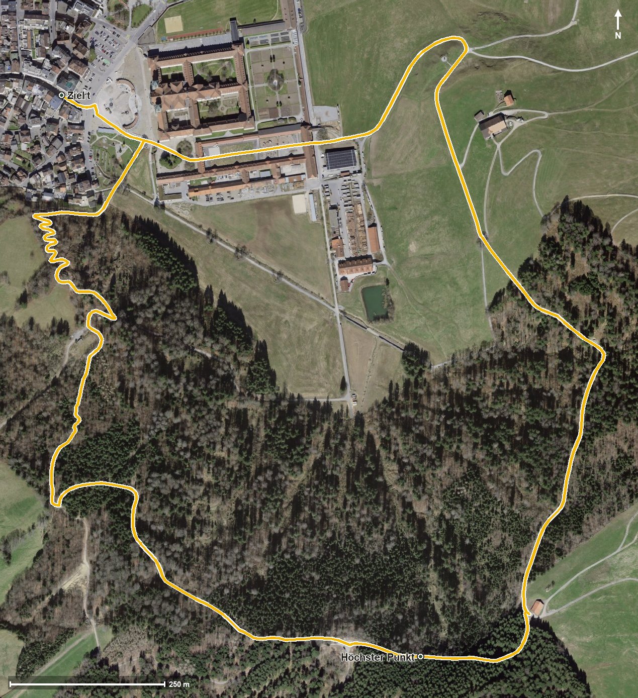 Luftbild mit eingezeichneter Route: Friherrenberg