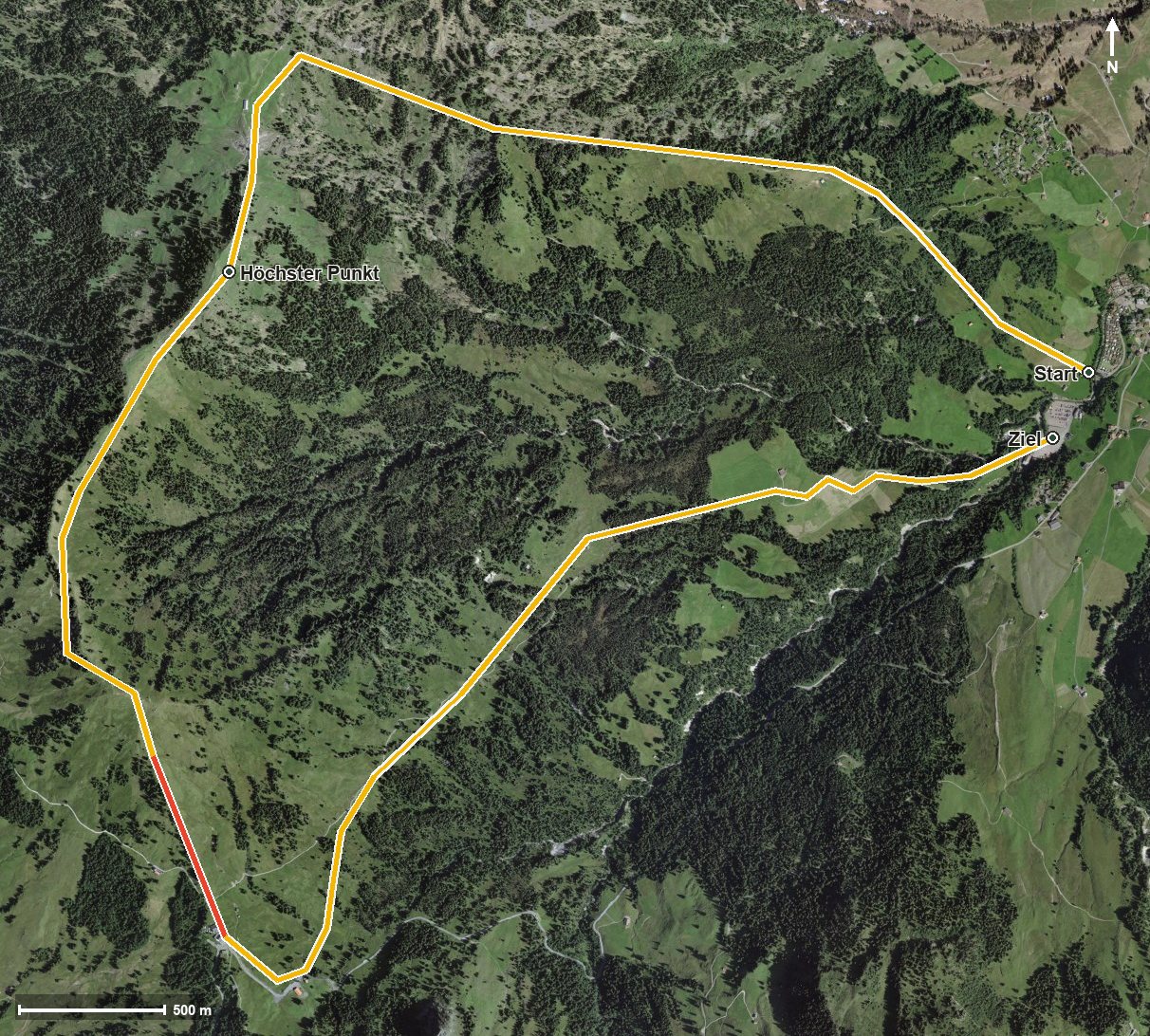 Luftbild mit eingezeichneter Route: Oberiberg-Furggelen-Ibergeregg