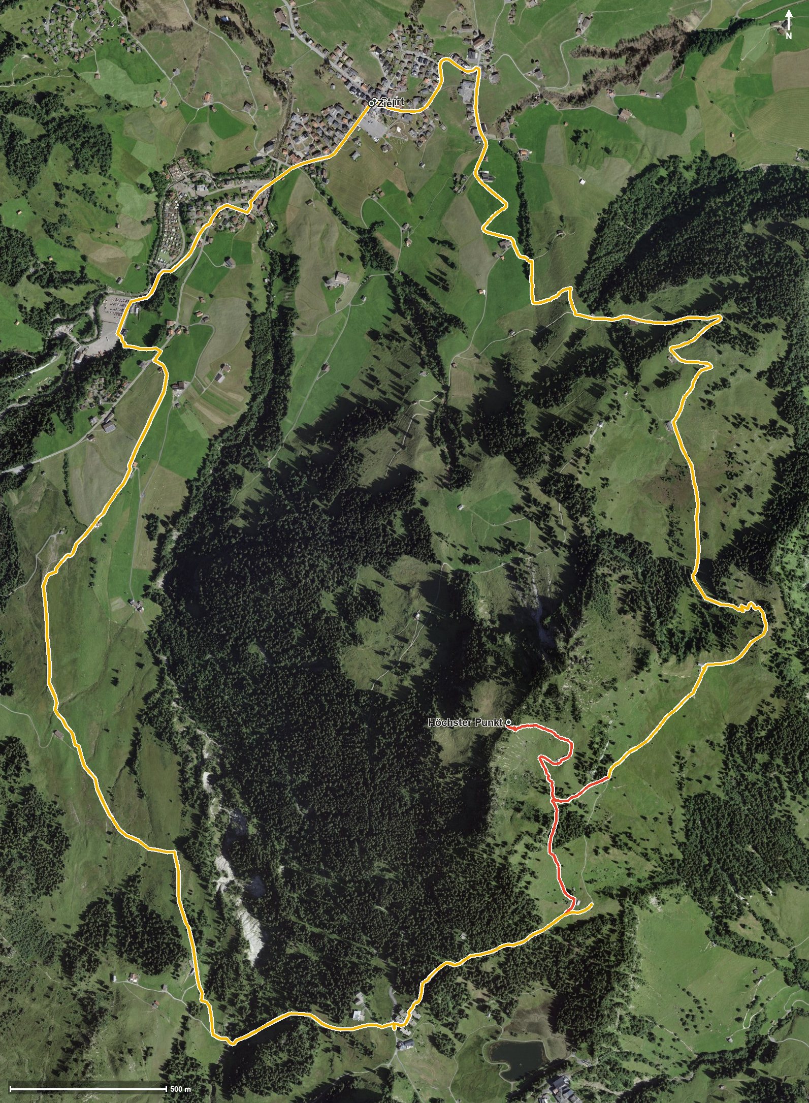 Luftbild mit eingezeichneter Route: Geologische Wanderung Roggenstock
