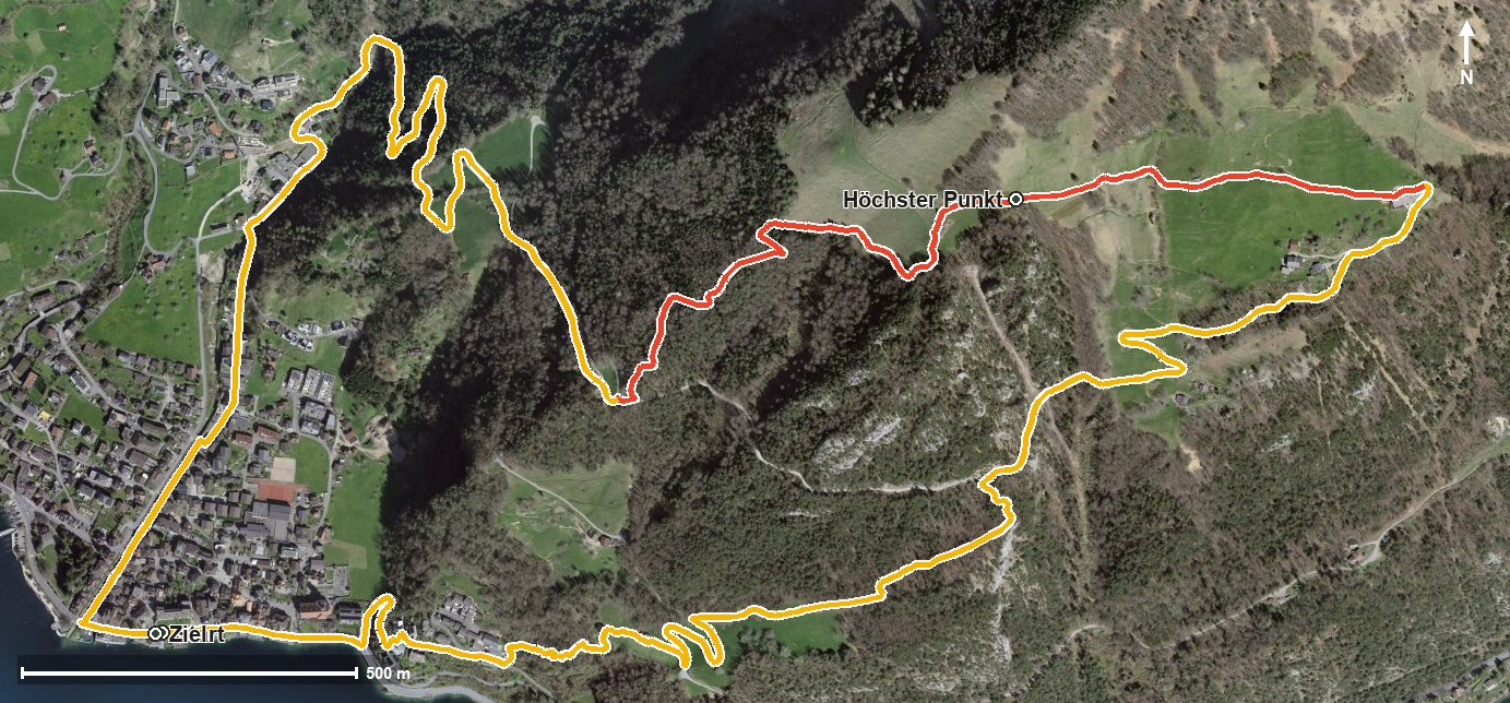Luftbild mit eingezeichneter Route: Gersau-Föhnenbergen-Ochsenalp-Gersau