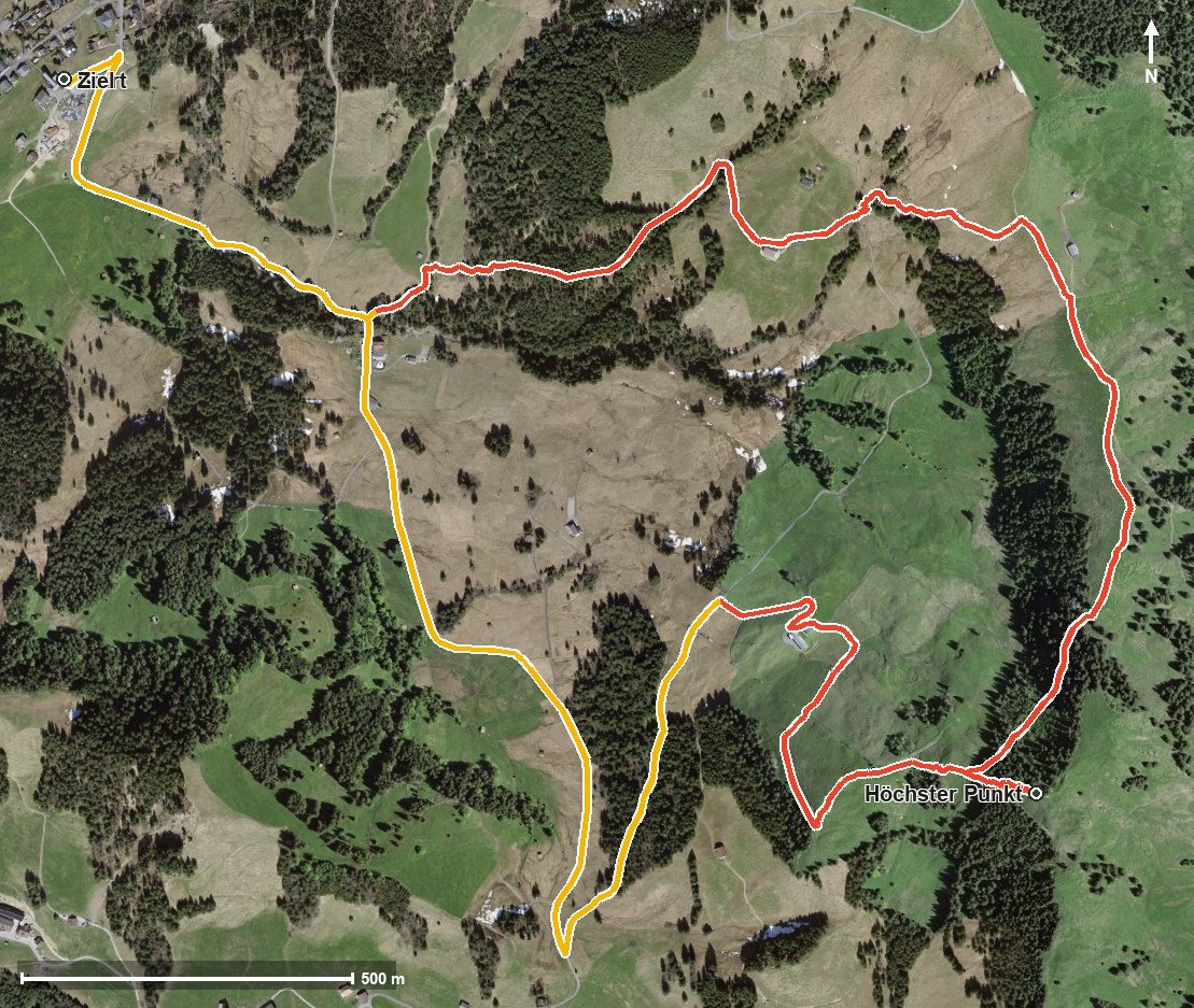 Luftbild mit eingezeichneter Route: Gipfelrundweg Sattel-Hochstuckli