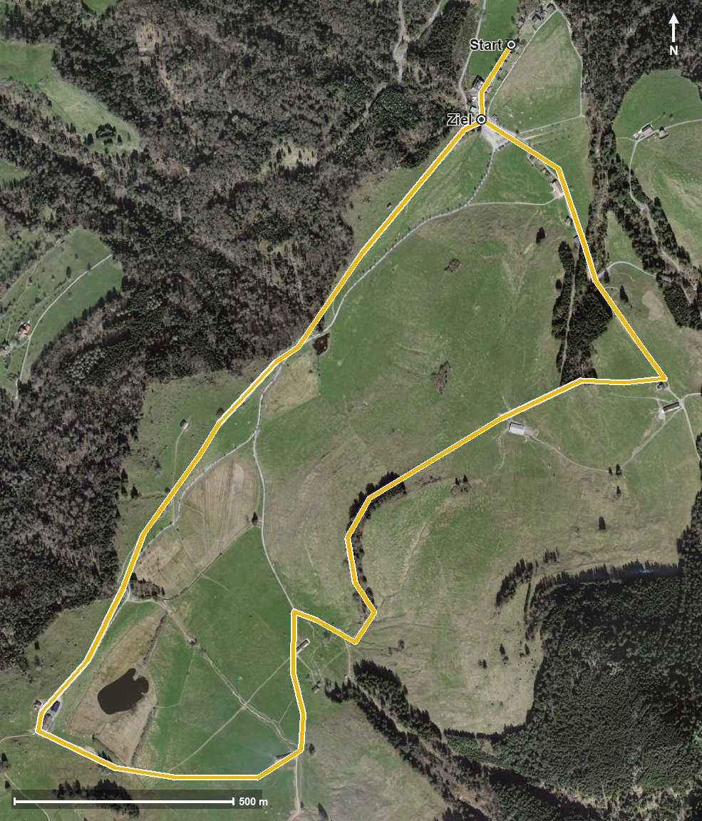 Luftbild mit eingezeichneter Route: Gletscherspur Seebodenalp