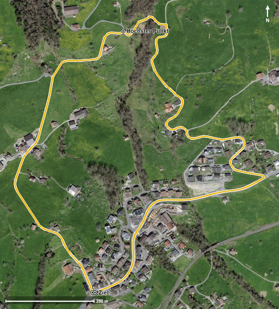 Luftbild mit eingezeichneter Route: Glückspilzweg Steinerberg