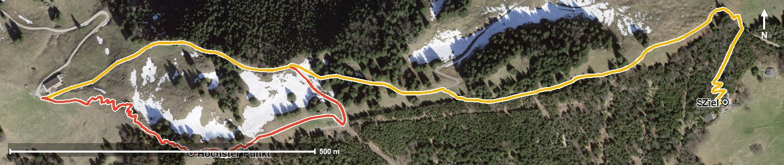 Luftbild mit eingezeichneter Route: Gottertli-Wanderung