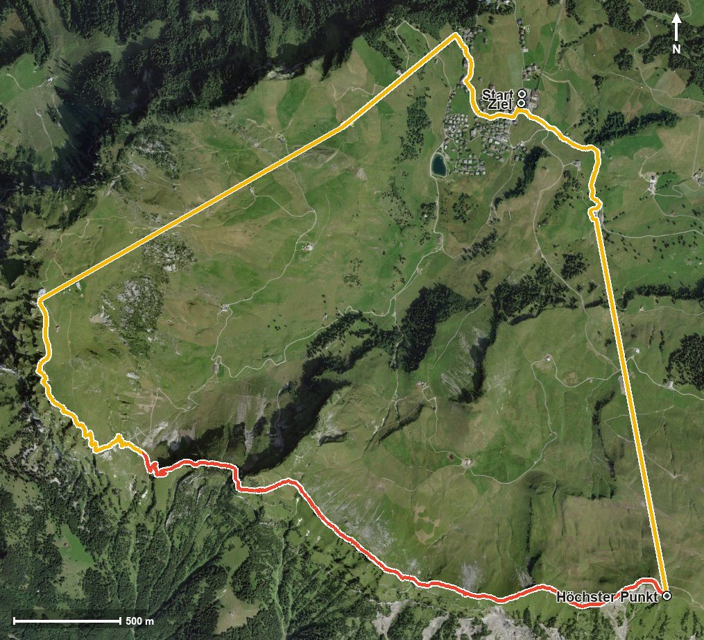 Luftbild mit eingezeichneter Route: Gratwanderweg Stoos