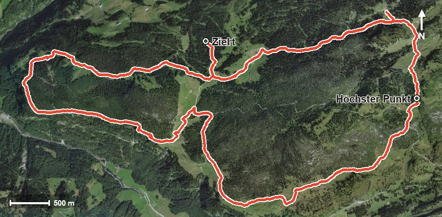 Luftbild mit eingezeichneter Route: Grossband mit Urwald Runde