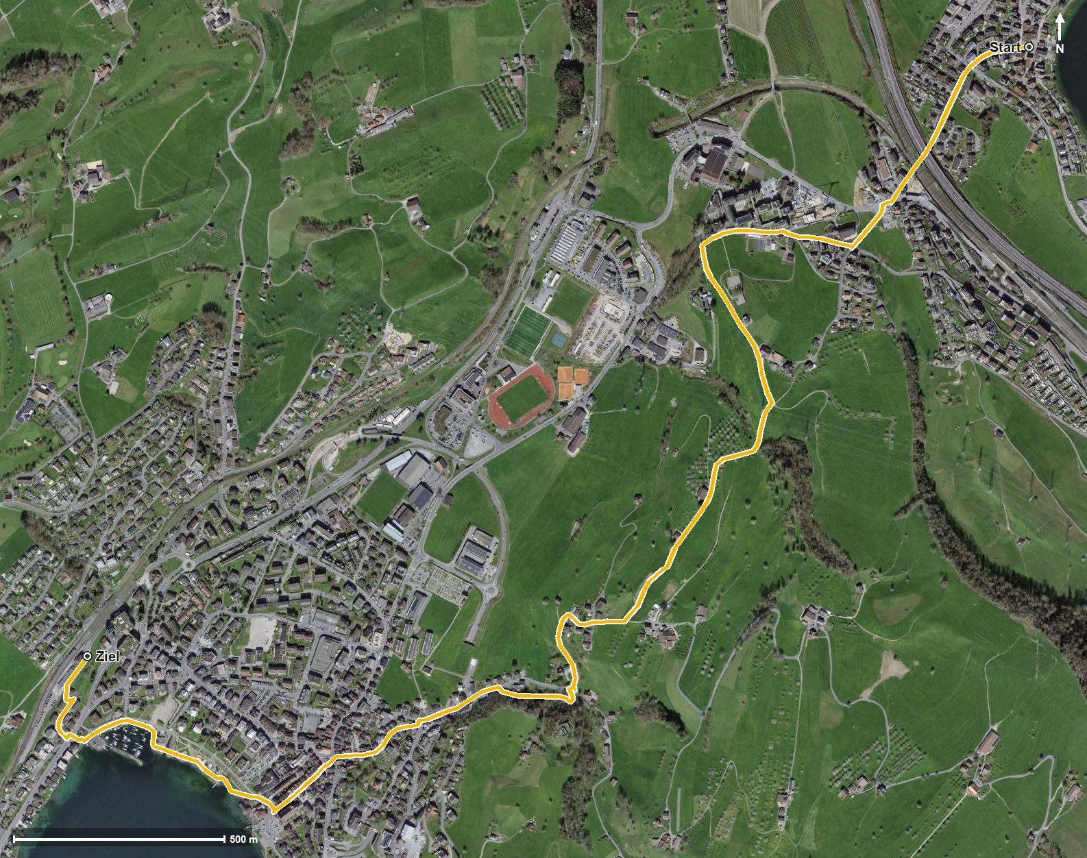 Luftbild mit eingezeichneter Route: Historische Spazierwanderung Hohle Gasse