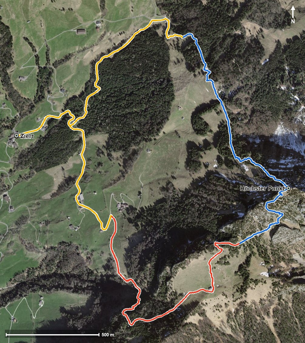Luftbild mit eingezeichneter Route: Hochflue - Rundwanderung ab Obergschwend