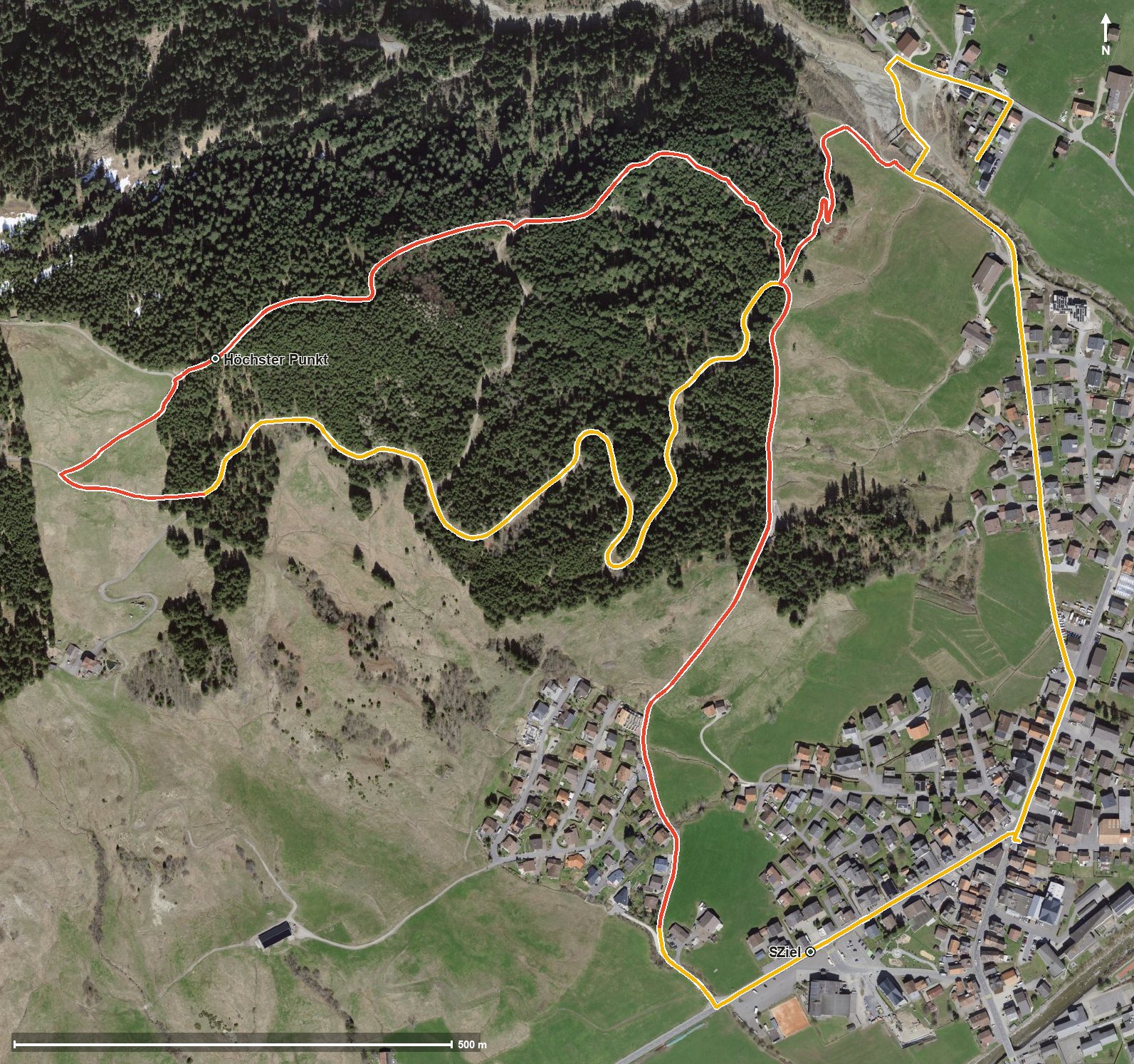 Luftbild mit eingezeichneter Route: Holzskulpturenweg Unteriberg