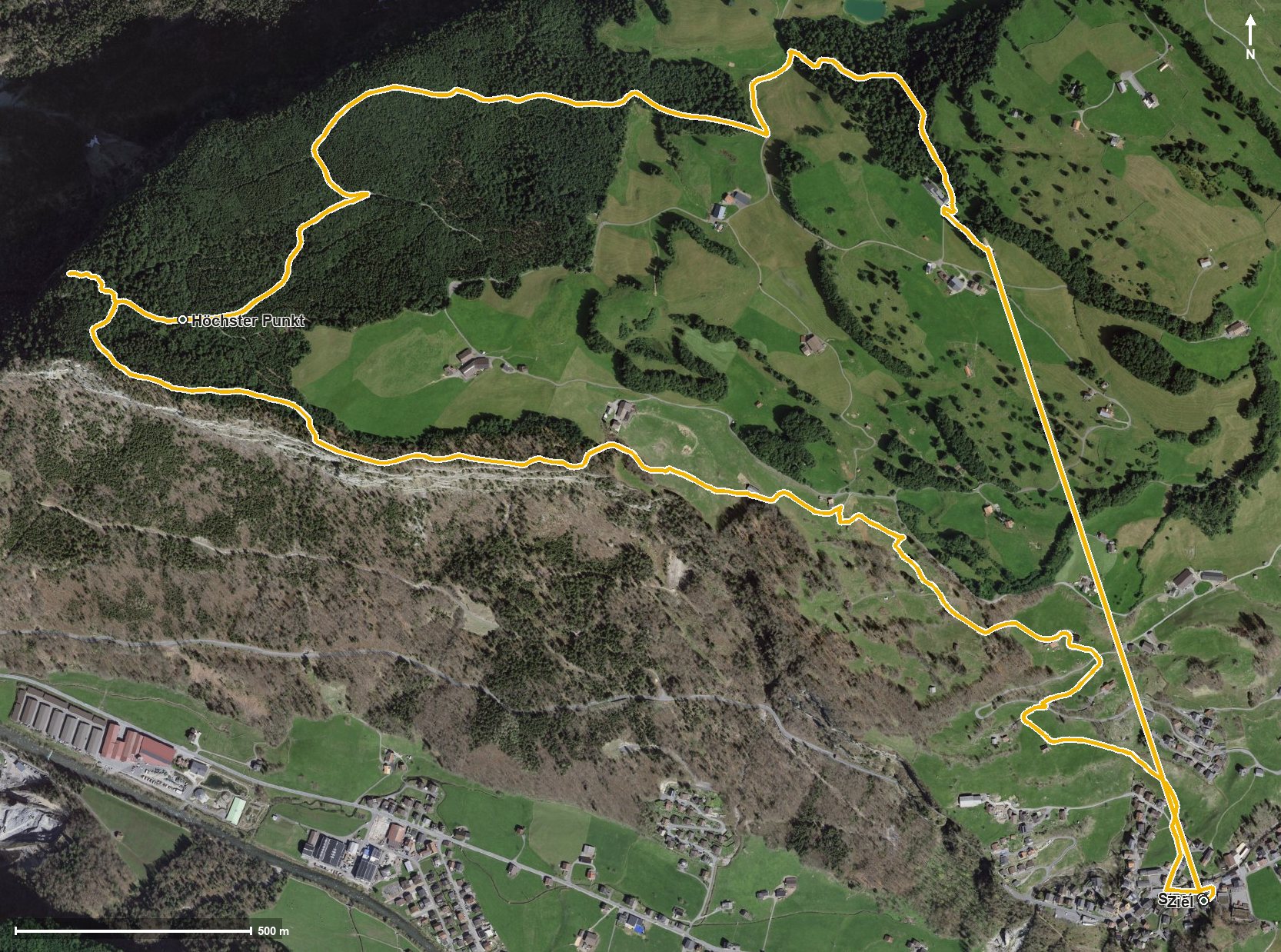 Luftbild mit eingezeichneter Route: Illgau - St. Karl - Fallenflue - Illgau