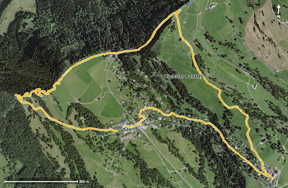 Luftbild mit eingezeichneter Route: Kaltbad – Känzeli - Staffel – First – Kaltbad (Barrierefrei / JST)