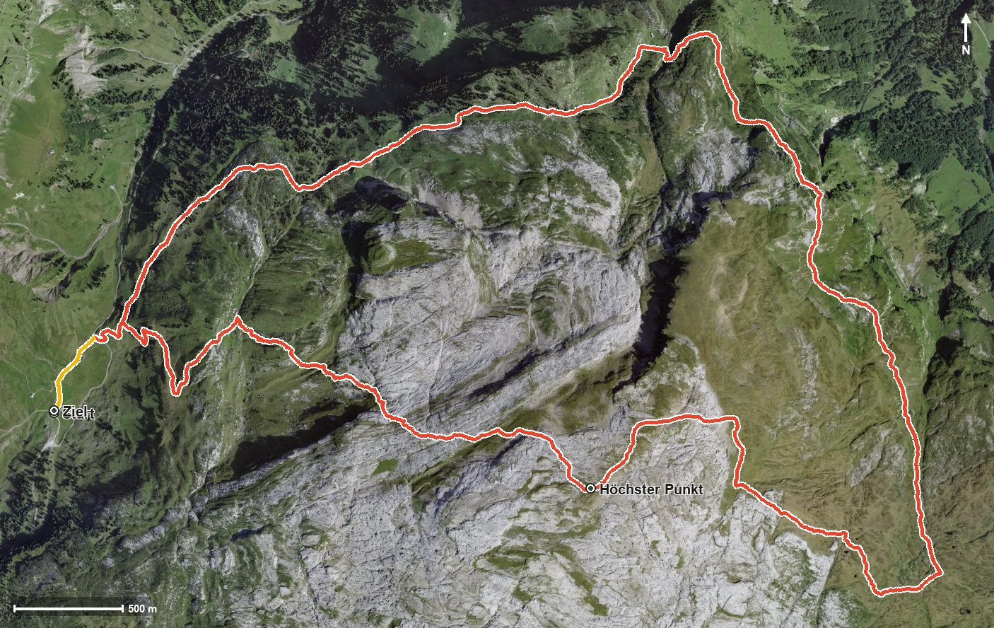 Luftbild mit eingezeichneter Route: Karstspur Silberen