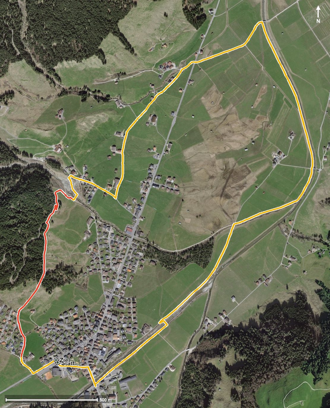 Luftbild mit eingezeichneter Route: Kulturweg Unteriberg