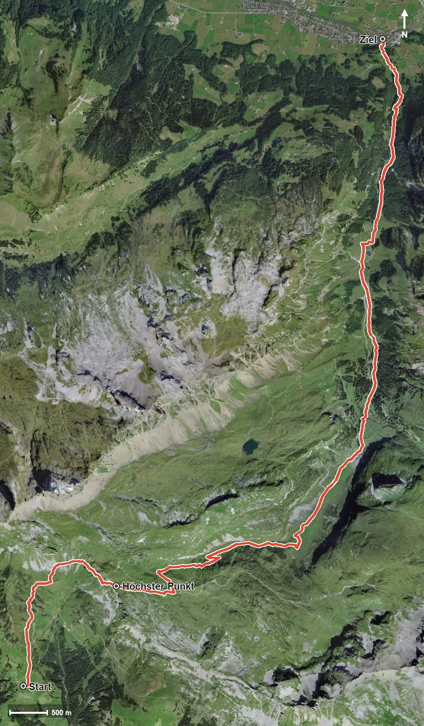 Luftbild mit eingezeichneter Route: ViaSuworow Etappe 6: Biel-Chinzig – Muotathal