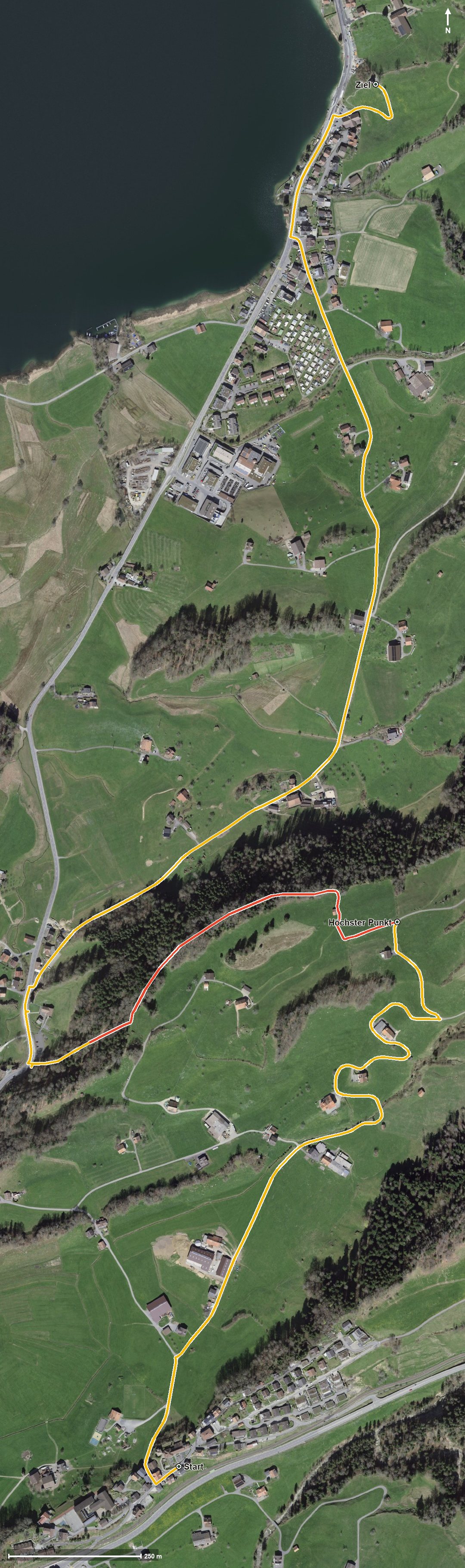Luftbild mit eingezeichneter Route: Morgartenpfad